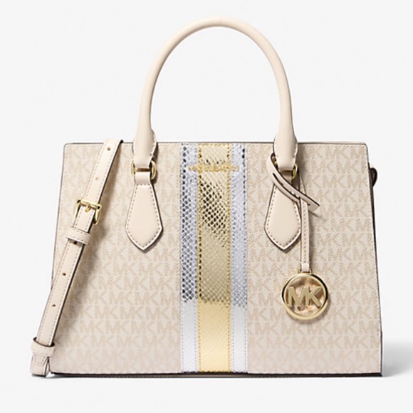 Michael Kors Sheila Medium Signature Logo and Metallic Satchel Crossbody Center - Picture 5 of 16